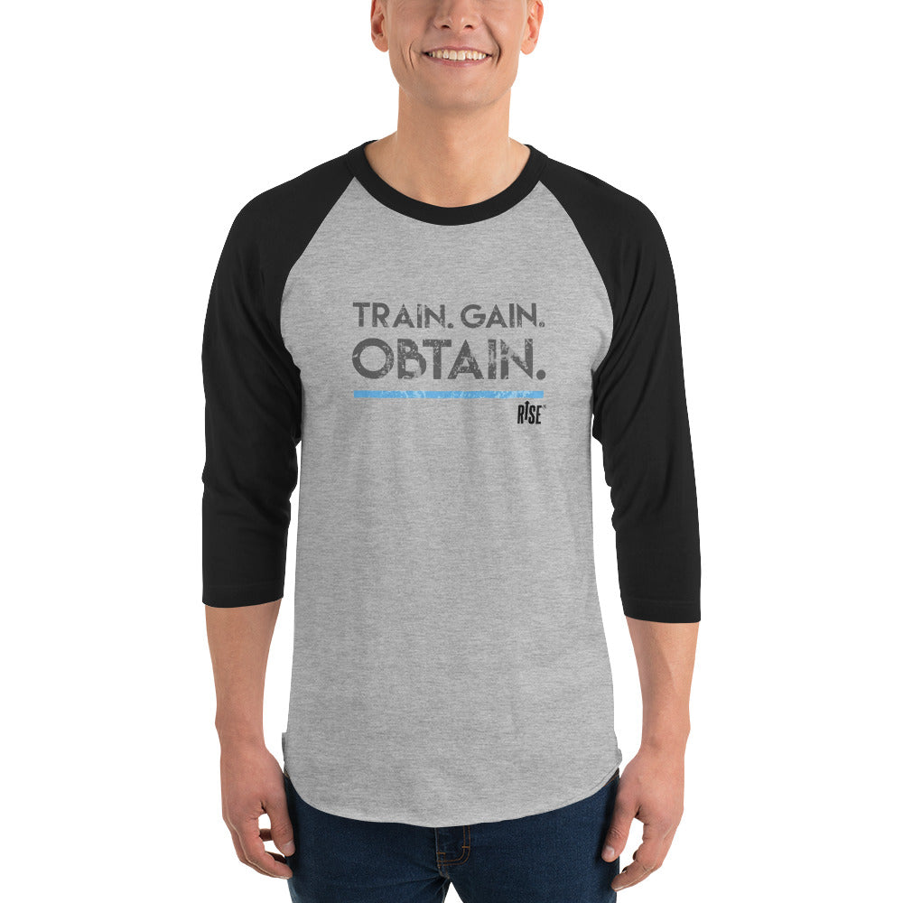 3/4 sleeve raglan shirt - TRAIN. GAIN. OBTAIN. DESIGN